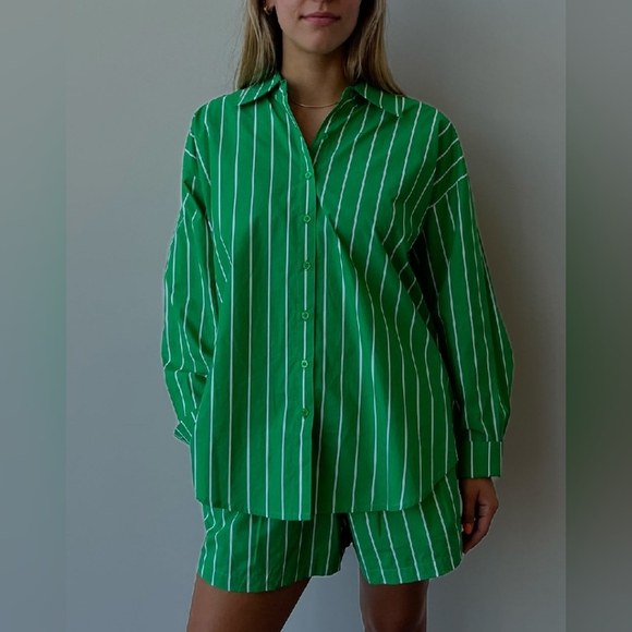 Brunette the Label Kelly Green Striped Collared Shirt - Picture 2 of 4